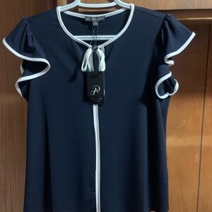 Adrianna Papell Navy Top with White Trim and Tie Neck